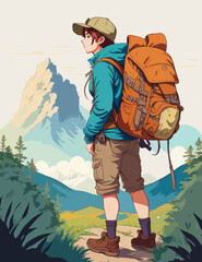 wanderlust vector illustration with nature in the background. Backpacker is ready to discover.
