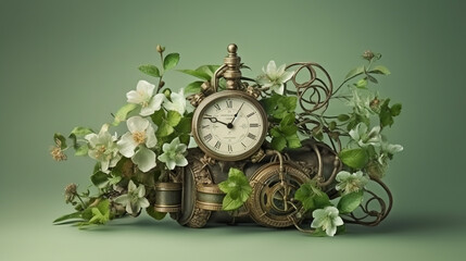 Floral, vintage background, peony, flover, products, enginer, generative, ai, steampunk,clockwork, brooch, wight, green