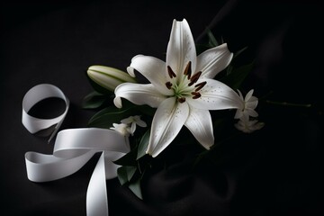 Top view of white lily with black ribbon, common funeral symbols. Generative AI