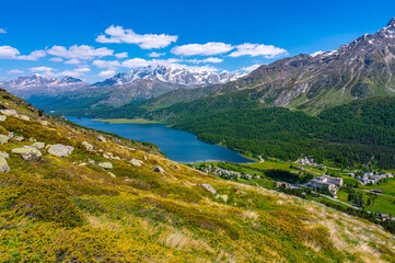 Naklejka na ściany i meble A view of Lake Silvaplana and the Engadine from above. Maloja pass. 