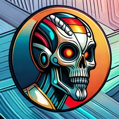 Image of a colourful bio-mechanical skull. (AI-generated fictional illustration)