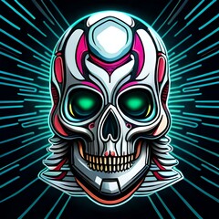 Image of a colourful bio-mechanical skull. (AI-generated fictional illustration)