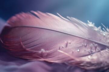 Beautiful background gentle airy texture of light feather with water drops macro. Tinted blue pink and purple pastel colour. Ai generative.