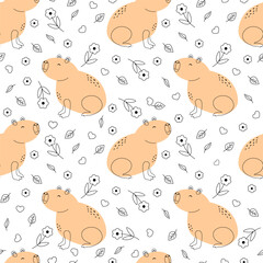 Cute capybara cartoon seamless pattern, vector illustration. Funny capybara with flowers, leaves and hearts