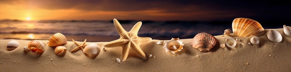 Fototapeta na wymiar illustration, beach sand with stars and shells, website header, ai generative.