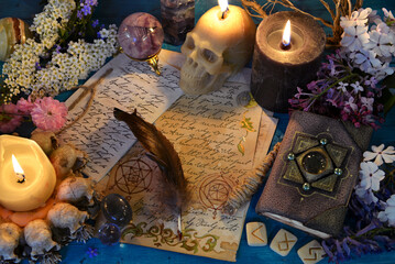 Candles, runes and manuscript with spell on witch ritual table. Occult, esoteric and fortune...