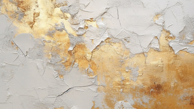 an old wall with peeling plaster, from under which gold leaf shines through. Generative Ai. 