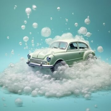 Light green retro car washing in a lot of white foam and bubbles. Blue background. Isolated. Square picture. Generative AI