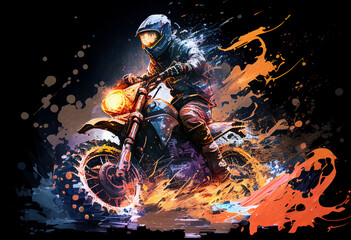 Watercolour abstract paintingof an off-road motorcyle and rider where the motorbike is driving through mud, dirt and water at an extreme sport event, computer Generative AI stock illustration image