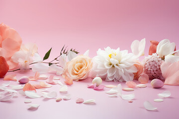 Fototapeta na wymiar White flowers and petals on a gradient background for congratulations of special events for women
