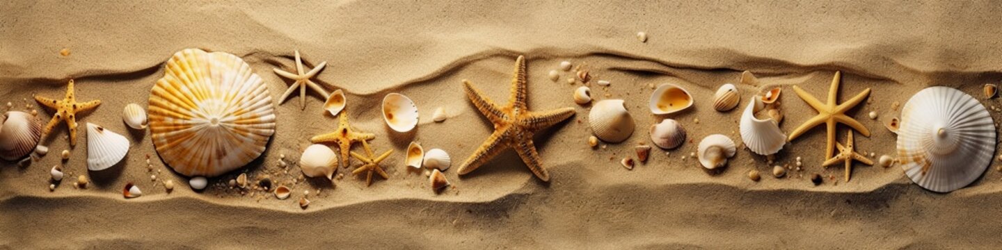 illustration, beach sand with stars and shells, website header, ai generative.
