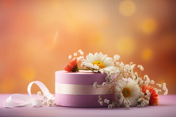 Front view with gift box and ribbon, flowers on table and blur gradient background