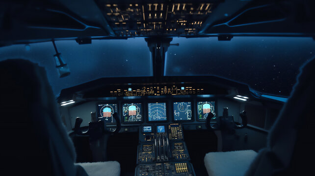 Cockpit aviation control panel digital display instruments of an aircraft in flight at night with a clear view of the stars in the sky, computer Generative AI stock illustration image