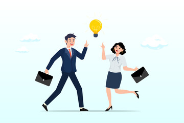 Businessman and businesswoman thinking with bright light bulb idea, bright idea to solve problem, business team brainstorm or thinking about new innovative idea, creativity or imagination (Vector)