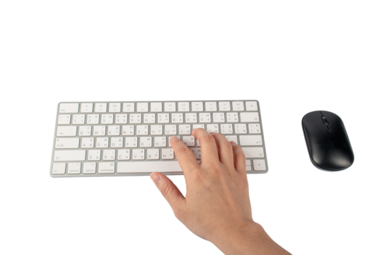 Closeup of business woman hand typing on laptop keyboard with mouse on transparent background