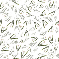 Seamless pattern with watercolor flowers. Wildflowers, boho pattern, delicate herbs, leaves and branches.
