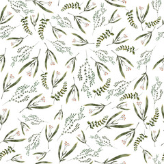 Naklejka na ściany i meble Seamless pattern with watercolor flowers. Wildflowers, boho pattern, delicate herbs, leaves and branches.