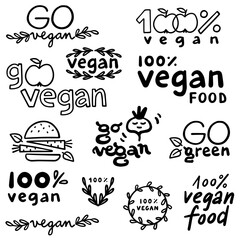 monochrome linear abstract vege vegan label set with typographic and graphic doodle elements isolated on white background for web and print - 615036652