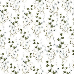 Seamless pattern with watercolor flowers. Wildflowers, boho pattern, delicate herbs, leaves and branches.