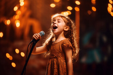 young adorable girl singing on stage with blurry light background