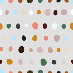 Seamless neutral polka dots pattern. Brown, pink hand-drawn circles on grey background. Abstract points ornament. Vector boho dotted illustration for wallpaper, fabric, print, wrapping paper, textile