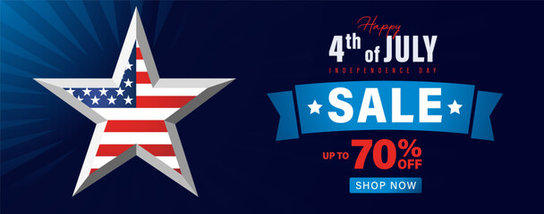 4th of July sale banner for Idependence Day star and beams pattern background. Happy fourth of july special offer poster. Vector illustration