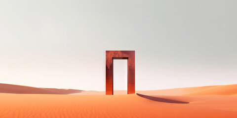 A minimalist sand dunes in the desert with a stone arch. Calm and tranquil landscape. Generative AI