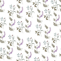 Seamless pattern with watercolor flowers. Wildflowers, boho pattern, delicate herbs, leaves and branches.