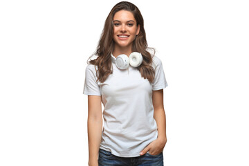 Portrait of young beautiful cheerful girl smiling looking at camera on a transparent background