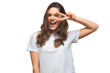 Portrait of young beautiful cheerful girl smiling looking at camera on a transparent background