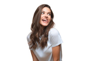 Young happy brunette woman is winking and showing tongue on a transparent background.