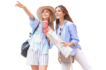 Photo of two girls enjoying sightseeing on a transparent background. Beautiful female tourists exploring city with map.