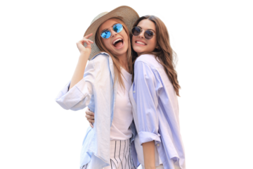 Two young smiling hipster women in summer clothes posing on a transparent background. Female showing positive face emotions.