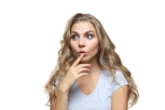 Portrait of young beautiful cheerful girl smiling looking at camera on a transparent background