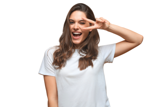 Portrait of young beautiful cheerful girl smiling looking at camera on a transparent background