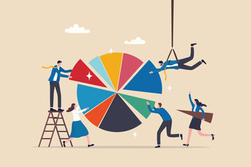 Employee participation, partnership or collaboration to success, teamwork or team effort for business development, statistic or analytics concept, business people colleagues help building pie chart. - 615037236