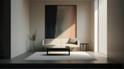 Stylish Interior with an Abstract Mockup Frame Poster, Modern interior design, 3D render, 3D illustration