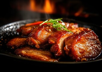 Barbecued pork in a black bowl. generative AI image.