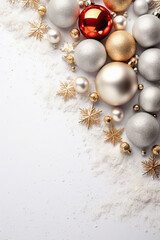 Christmas white background with christmas balls and decoration , ai generative