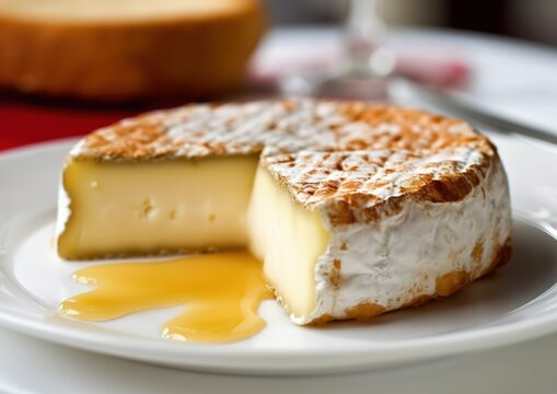 Tasty French cheese with honey on white plate. generative AI image.