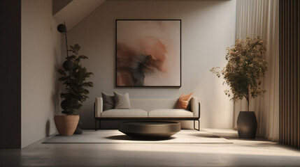 Stylish Interior with an Abstract Mockup Frame Poster, Modern interior design, 3D render, 3D illustration