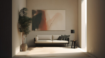 Stylish Interior with an Abstract Mockup Frame Poster, Modern interior design, 3D render, 3D illustration