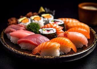 Japanese cuisine. delicious Sushi set on the plate. generative AI image.