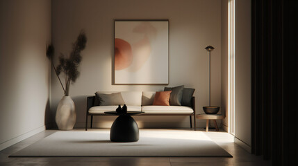 Obraz na płótnie Canvas Stylish Interior with an Abstract Mockup Frame Poster, Modern interior design, 3D render, 3D illustration