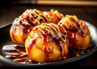 Takoyaki, Octopus Balls, a popular Japanese snack. generative AI image.