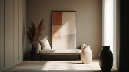 Stylish Interior with an Abstract Mockup Frame Poster, Modern interior design, 3D render, 3D illustration