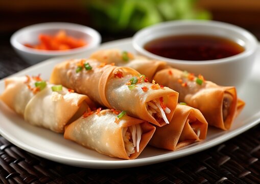 Crispy spring roll with vegetables and juice. Vietnamese and Chinese traditional dishes. generative AI image.