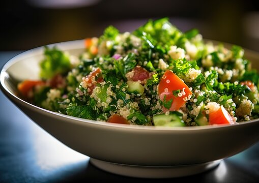 Fresh quinoa tabbouleh salad with tomatoes, peppers and cucumbers generative AI image.