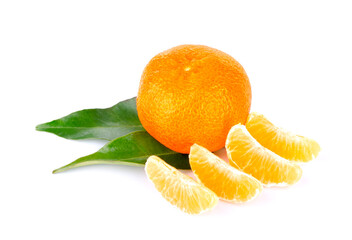 orange mandarin with green leaf isolated on white background