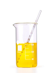 laboratory glassware with colored liquid isolated over white background